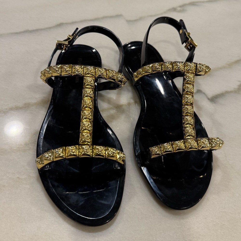 Stuart Weitzman Jelly Sandals Size 8 Black Gold Embellishments - Picture 2 of 11